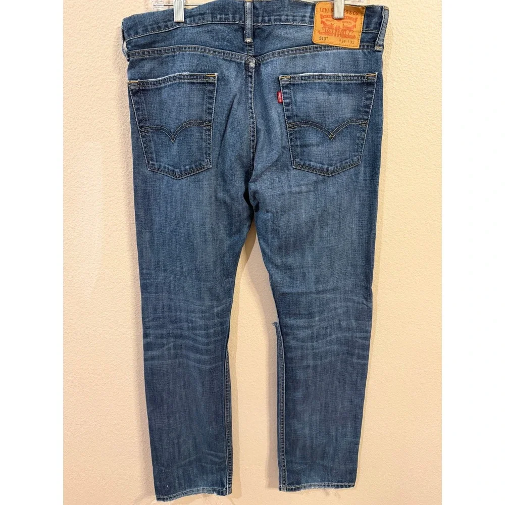 Levi's 513 Mens Jeans 34x32 Slim Straight Blue Distressed Ripped